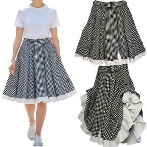 1990's Gingham Button Up Petticoat Ruffle Convertible Full Circle Mini Skirt